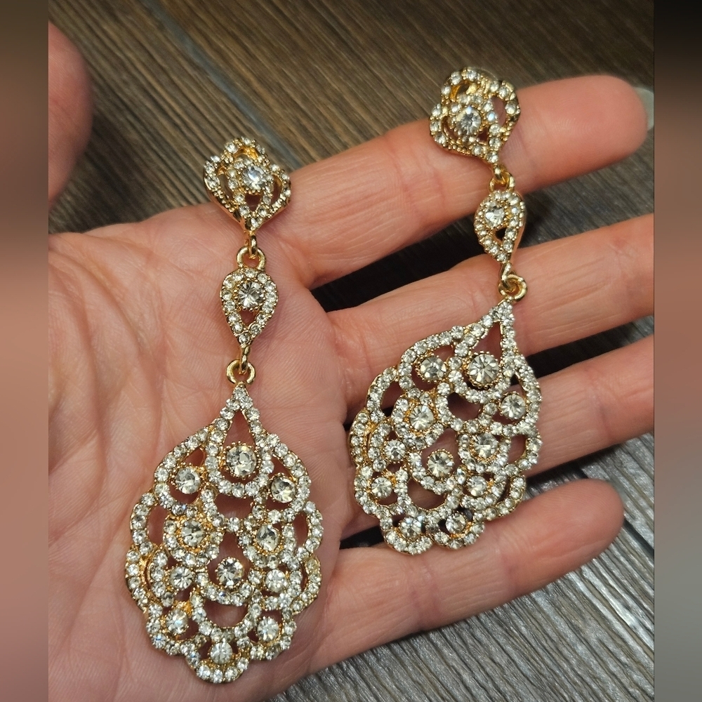 Gold Tone & Crystal Dangle Earrings